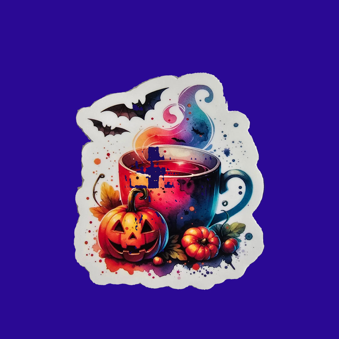 Witchy Halloween Mug Sticker – Spooky Coffee Cup with Pumpkin Vinyl Die Cut (3”) - Designs by Mysh