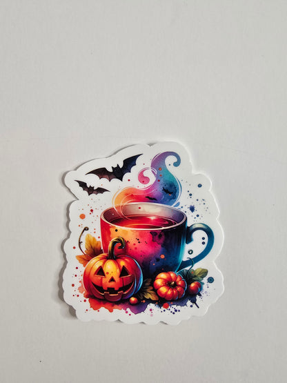 Witchy Halloween Mug Sticker – Spooky Coffee Cup with Pumpkin Vinyl Die Cut (3”) - Designs by Mysh