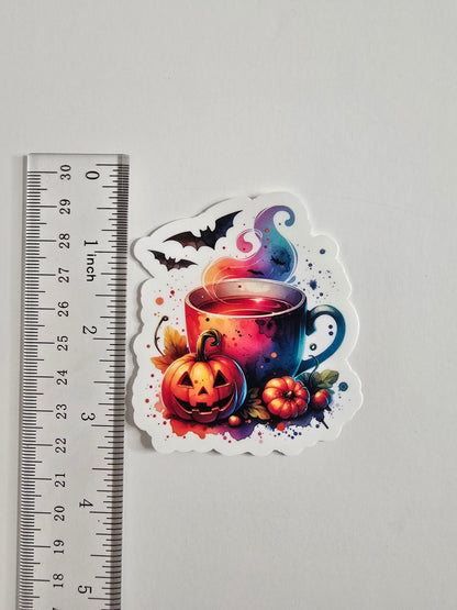 Witchy Halloween Mug Sticker – Spooky Coffee Cup with Pumpkin Vinyl Die Cut (3”) - Designs by Mysh