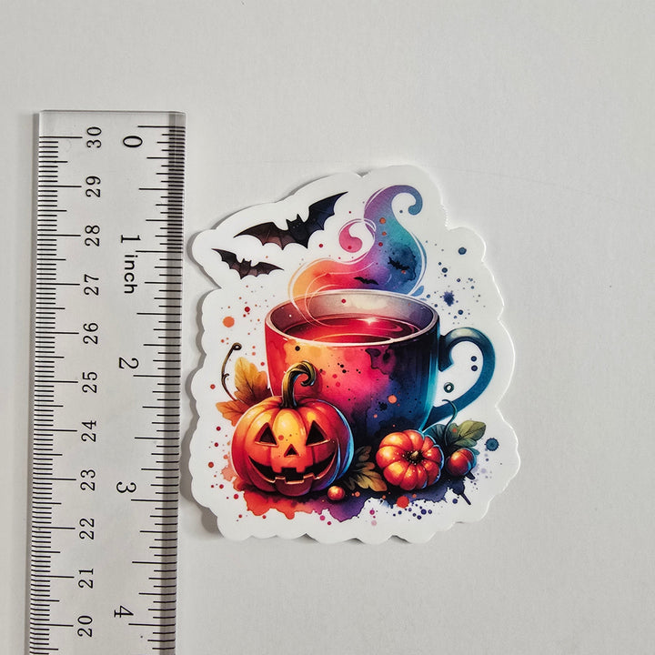 Witchy Halloween Mug Sticker – Spooky Coffee Cup with Pumpkin Vinyl Die Cut (3”) - Designs by Mysh