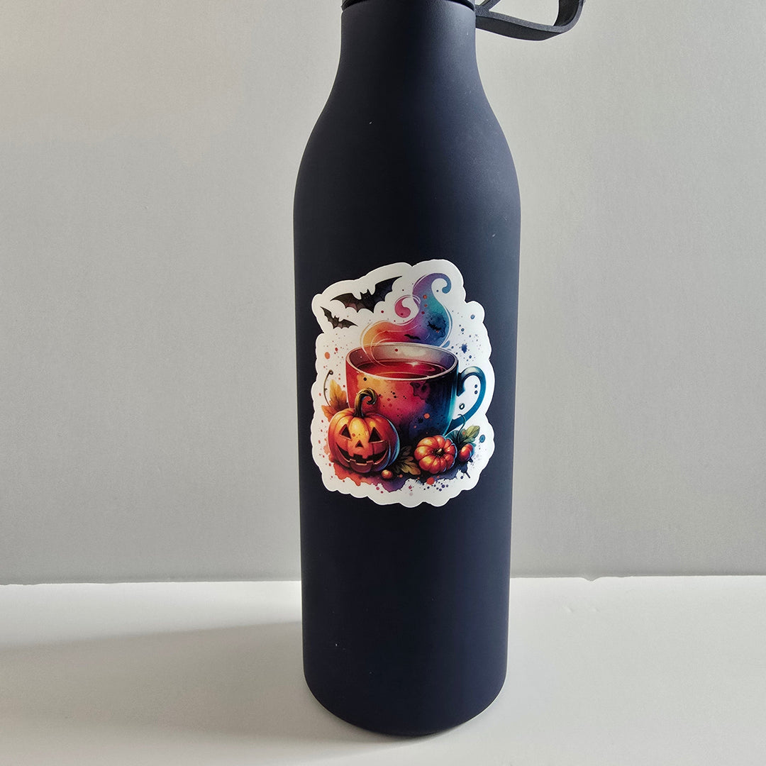 Witchy Halloween Mug Sticker – Spooky Coffee Cup with Pumpkin Vinyl Die Cut (3”) - Designs by Mysh