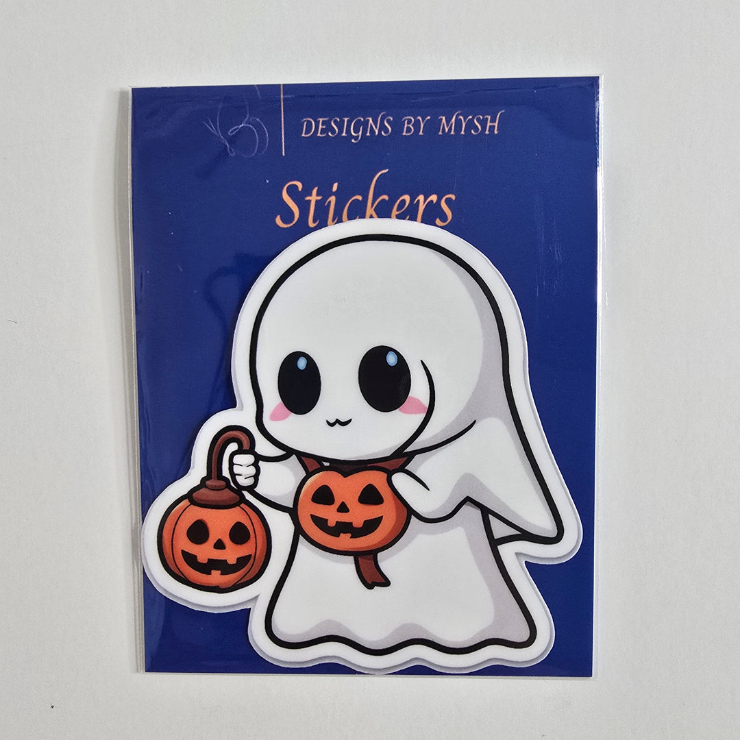 Trick or Treat Ghost Sticker, Kawaii Halloween Vinyl Decal, Cute Ghost with Pumpkin Lantern, Spooky Season Fall Decor - Designs by Mysh