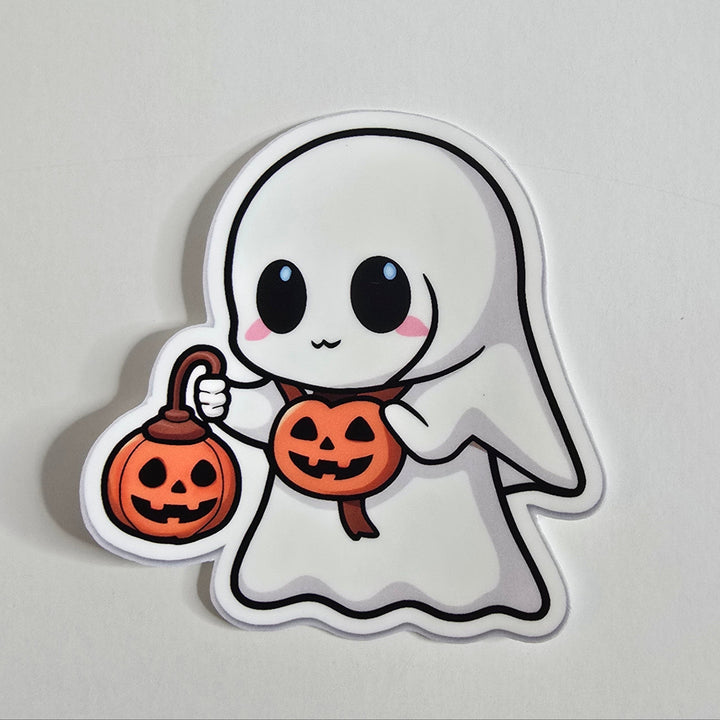 Trick or Treat Ghost Sticker, Kawaii Halloween Vinyl Decal, Cute Ghost with Pumpkin Lantern, Spooky Season Fall Decor - Designs by Mysh