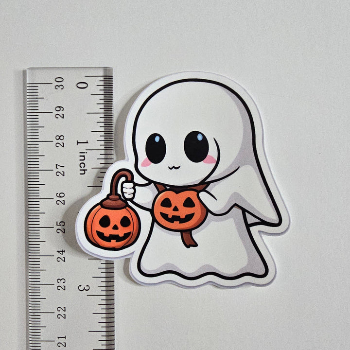 Trick or Treat Ghost Sticker, Kawaii Halloween Vinyl Decal, Cute Ghost with Pumpkin Lantern, Spooky Season Fall Decor - Designs by Mysh