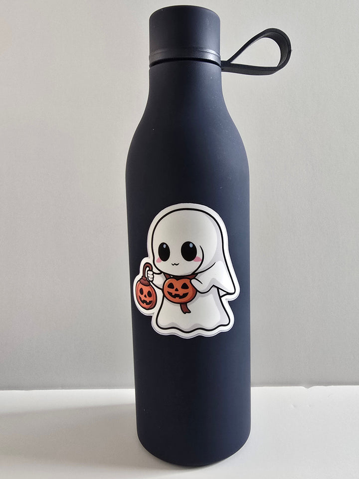 Trick or Treat Ghost Sticker, Kawaii Halloween Vinyl Decal, Cute Ghost with Pumpkin Lantern, Spooky Season Fall Decor - Designs by Mysh