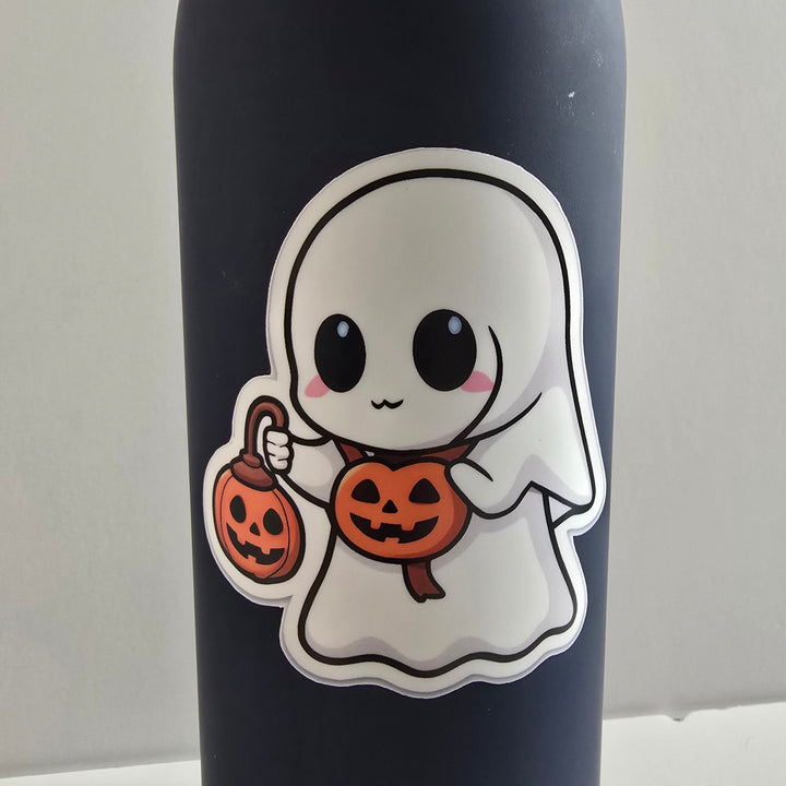 Trick or Treat Ghost Sticker, Kawaii Halloween Vinyl Decal, Cute Ghost with Pumpkin Lantern, Spooky Season Fall Decor - Designs by Mysh