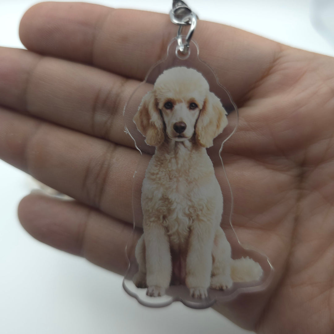 Keychain with a poodle design held in a hand against a white background