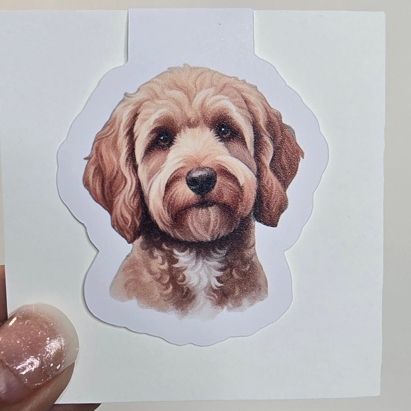 Sticker of a dog's face held by a hand on a white background