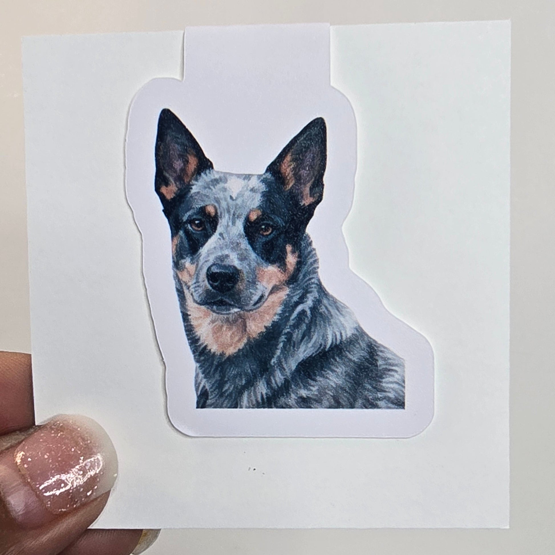 Hand holding a sticker of a dog's face on a white card