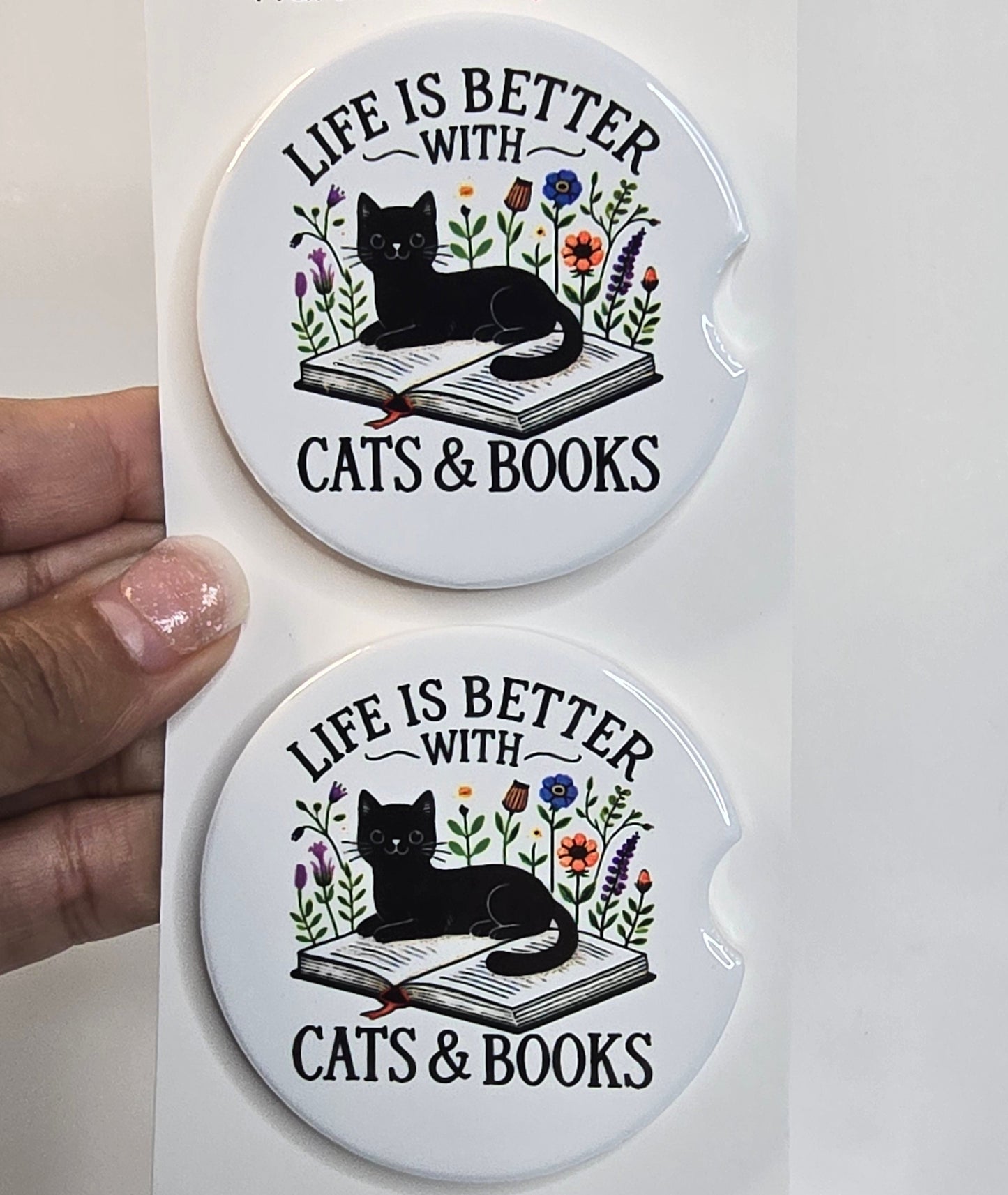 Life is Better with Cats and Books – Ceramic Car Coasters
