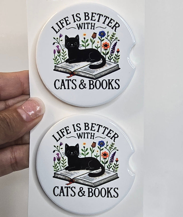 Life is Better with Cats and Books – Ceramic Car Coasters - Designs by Mysh