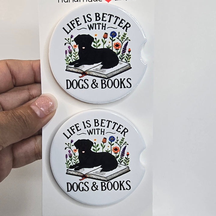 Life is Better with Dogs and Books – Ceramic Car Coasters - Designs by Mysh