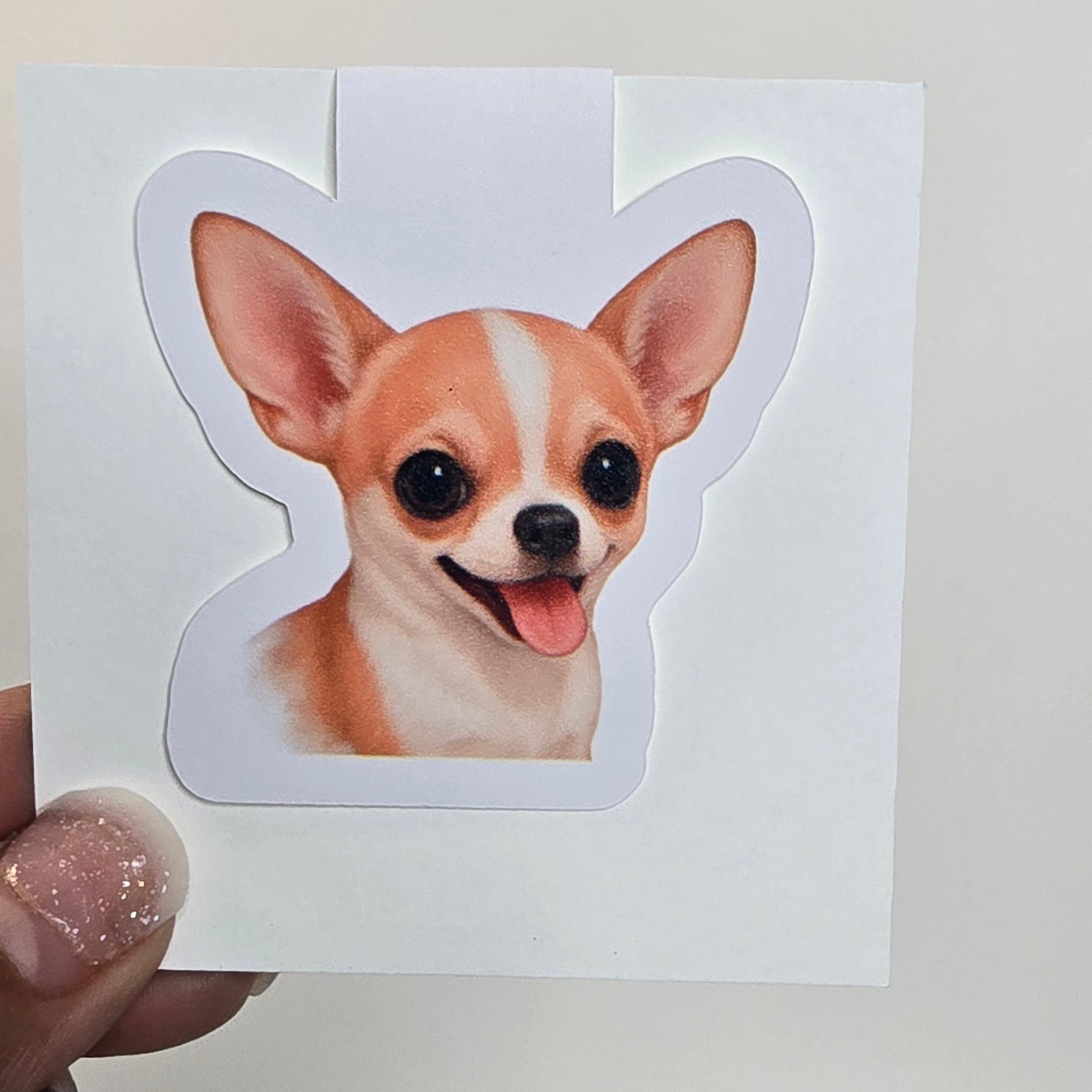 Sticker of a dog's face held by a hand against a white background
