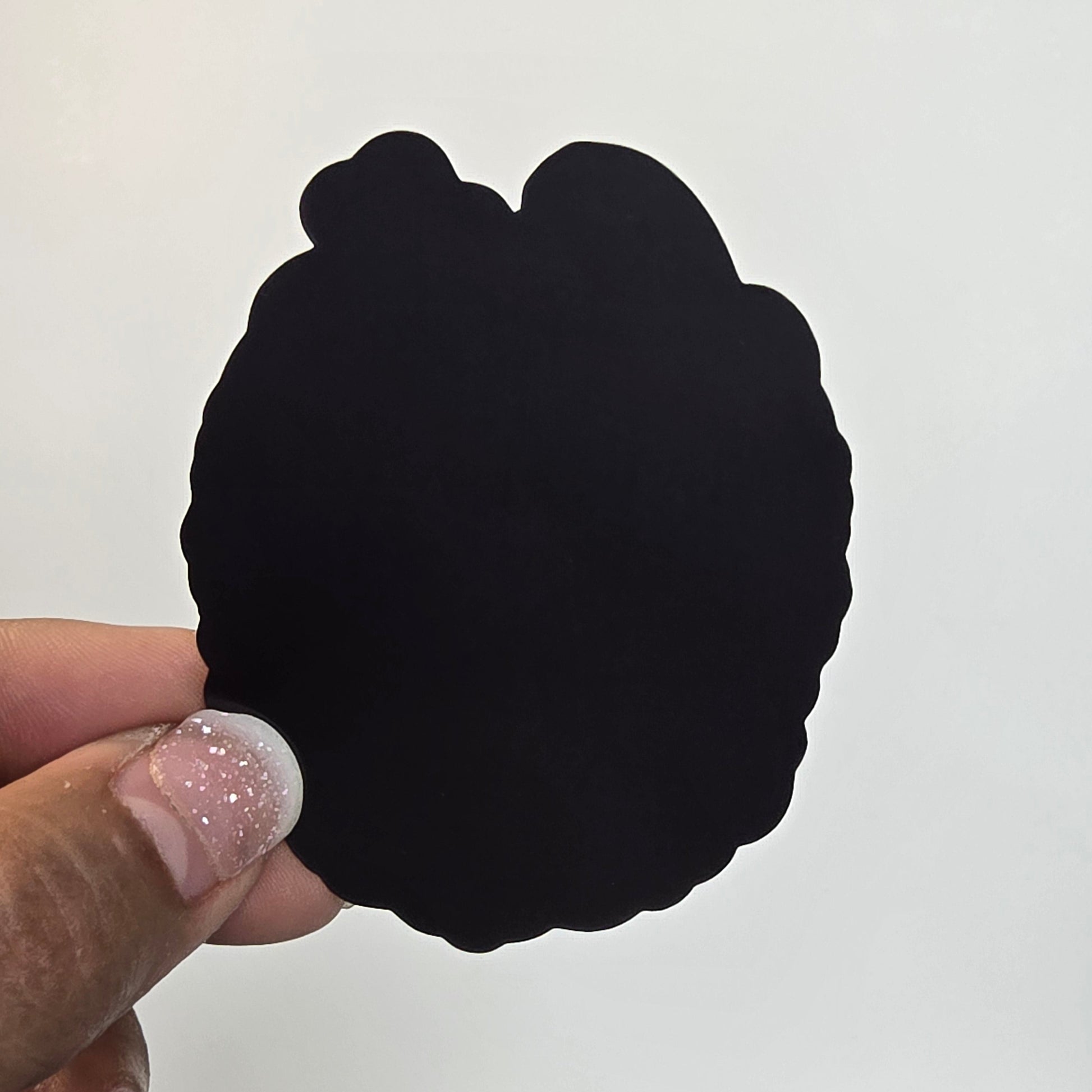 Black circular object held by a hand with a white background