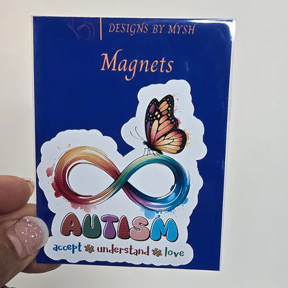 Autism awareness magnet packaging with a butterfly and number 8 design.
