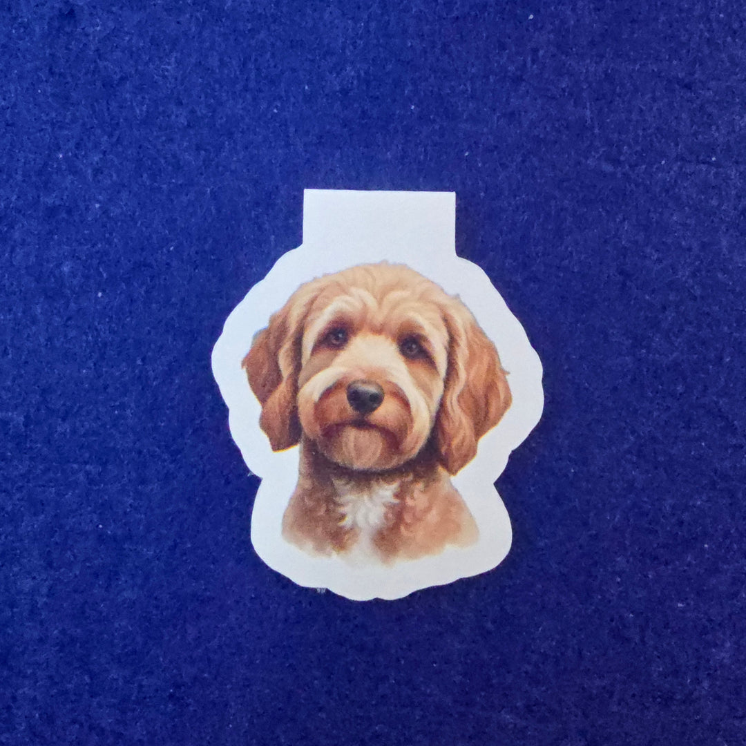 Sticker of a dog's face on a blue textured background