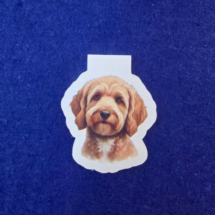 Sticker of a dog's face on a blue textured background