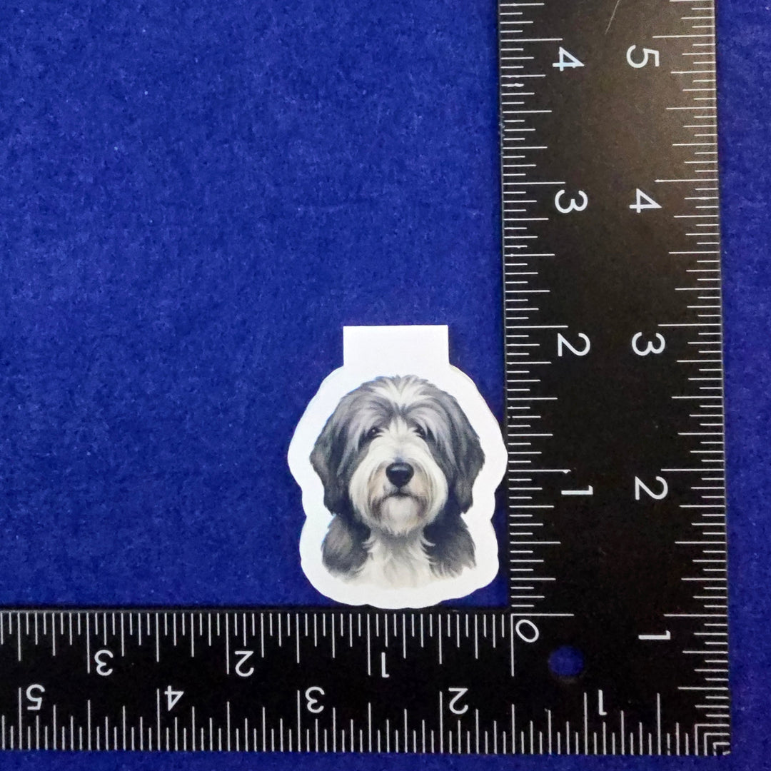 Sticker of a sloth on a blue background with a ruler for scale.
