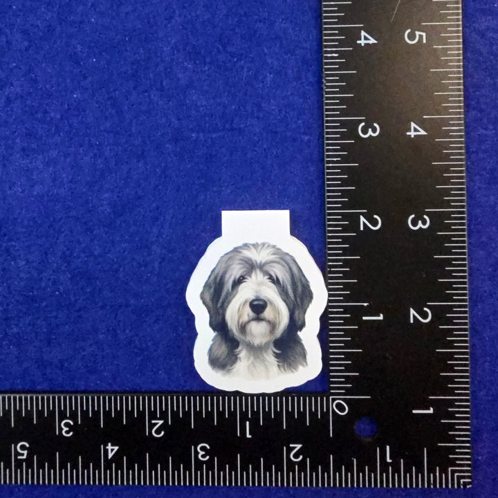 Sticker of a sloth on a blue background with a ruler for scale.