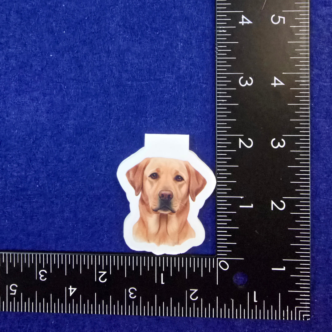 Sticker of a dog on a blue background with a ruler for scale.