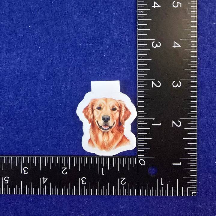 Sticker of a dog on a blue background with a ruler for scale.