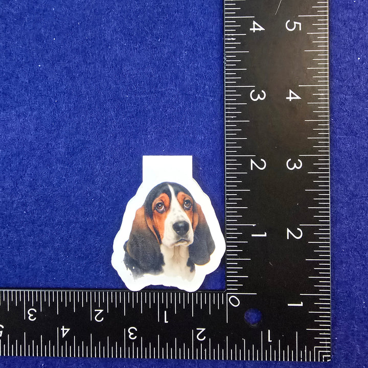 Sticker of a dog face on a blue background with a ruler for scale.