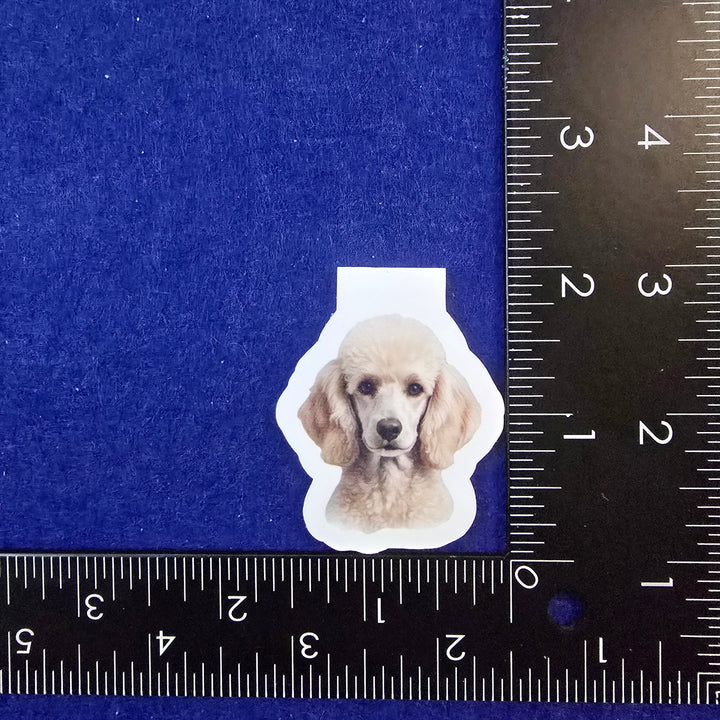 Sticker of a dog on a blue background with a ruler for scale.
