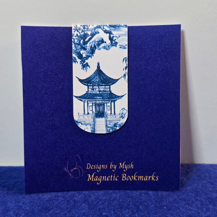 Blue magnetic bookmarks with a design on a white background