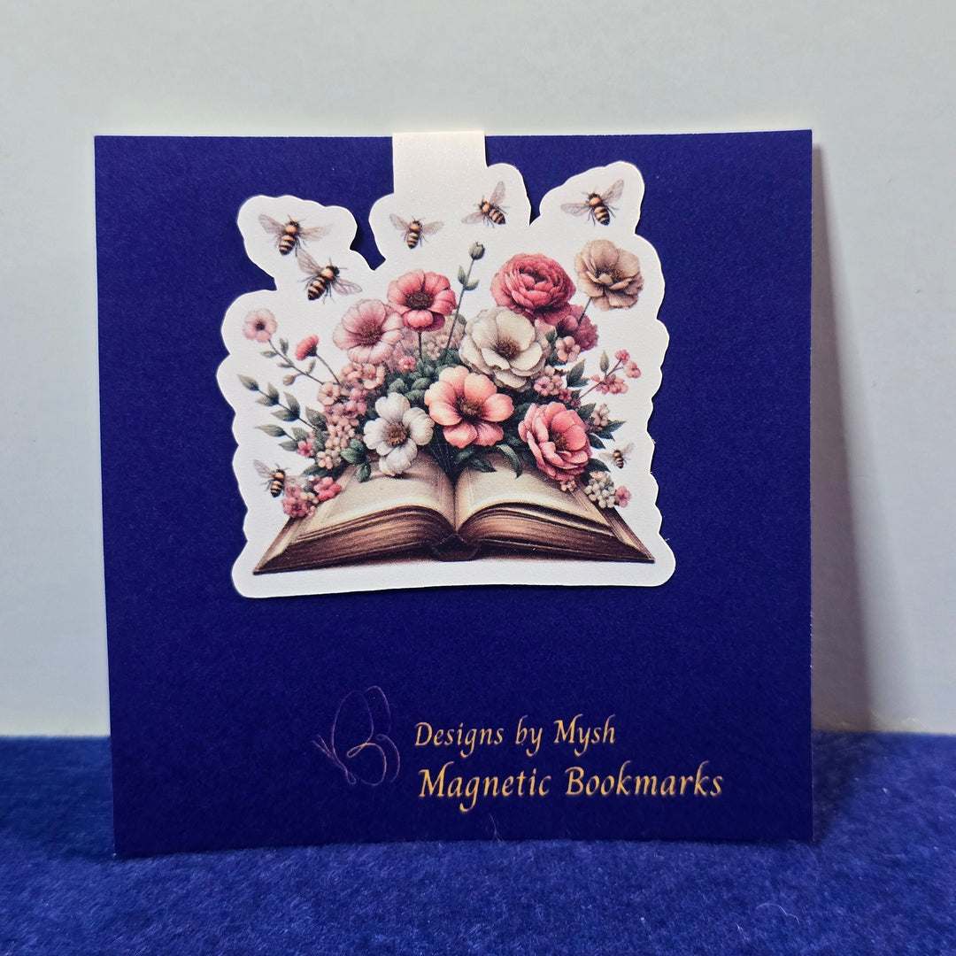 Blue box with floral design and text on a white background