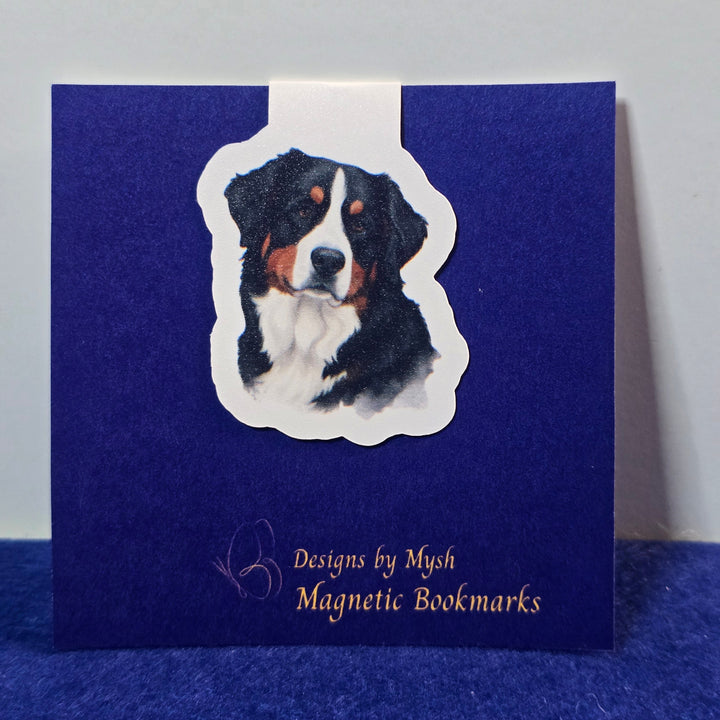 Blue magnetic bookmark with a dog illustration on a white background