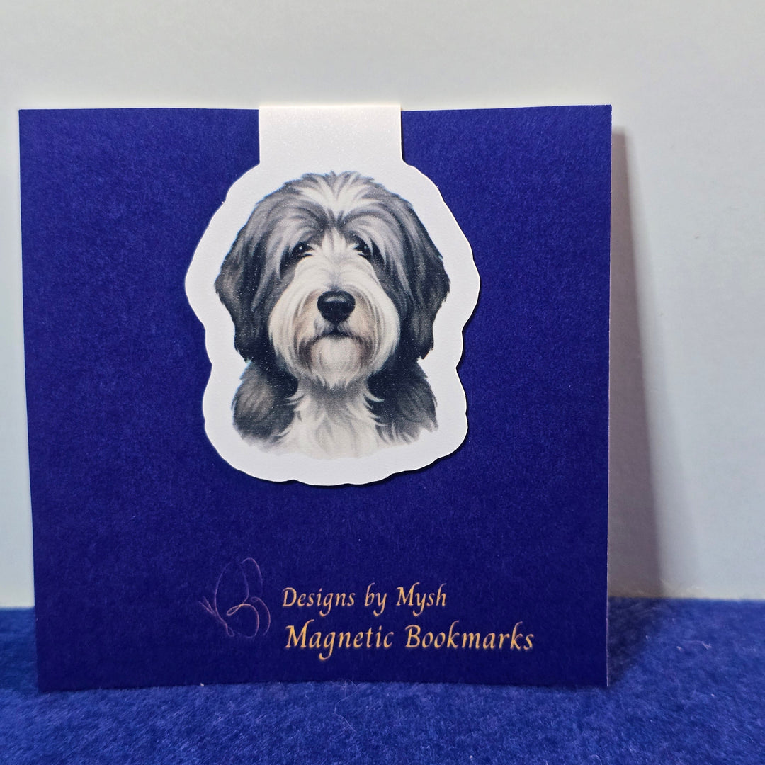 Blue card with a dog illustration and text on a white background
