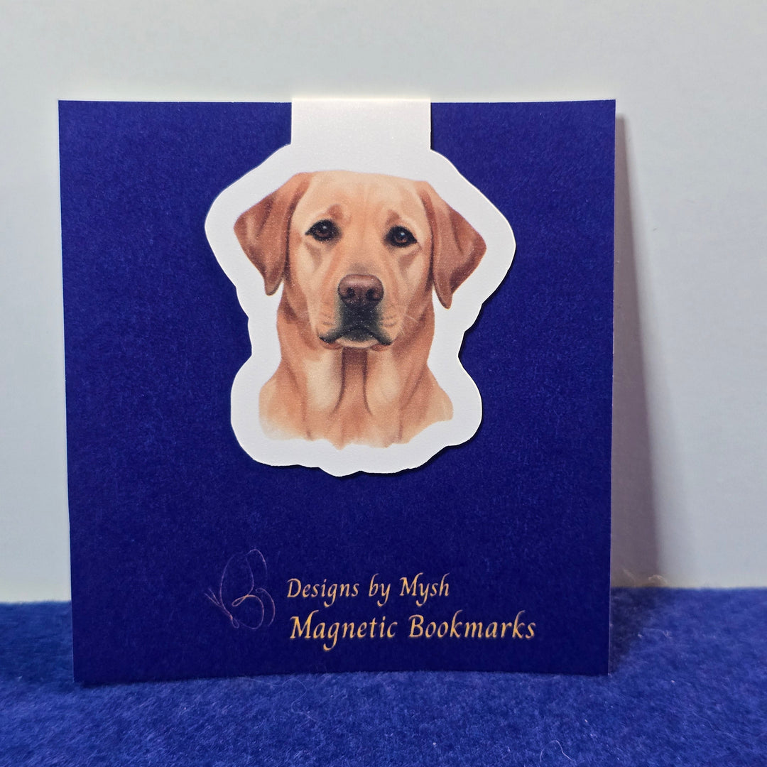 Blue bookmark with a dog illustration on a white background