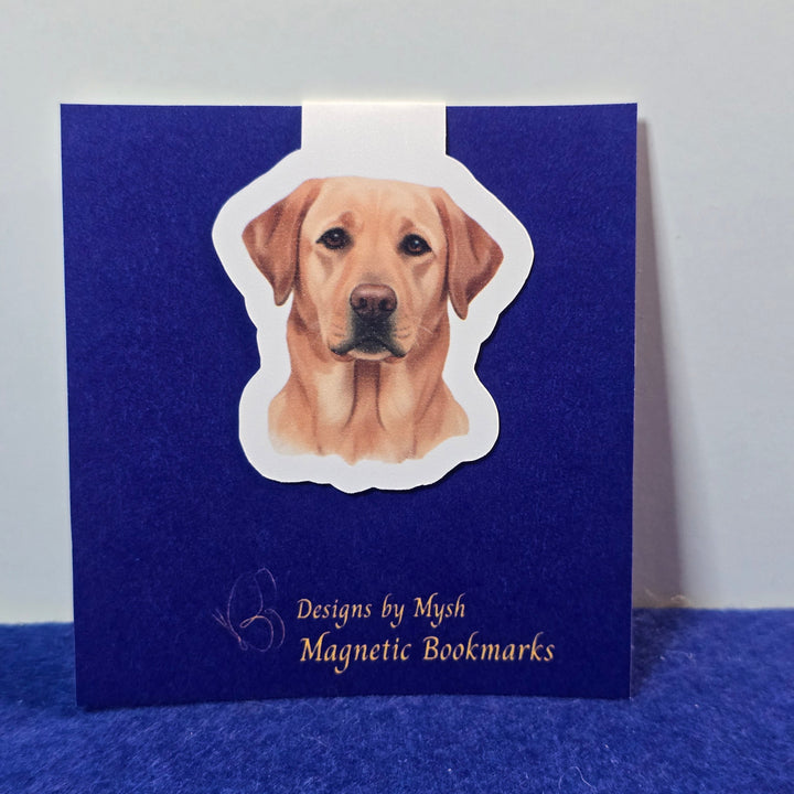 Blue bookmark with a dog illustration on a white background