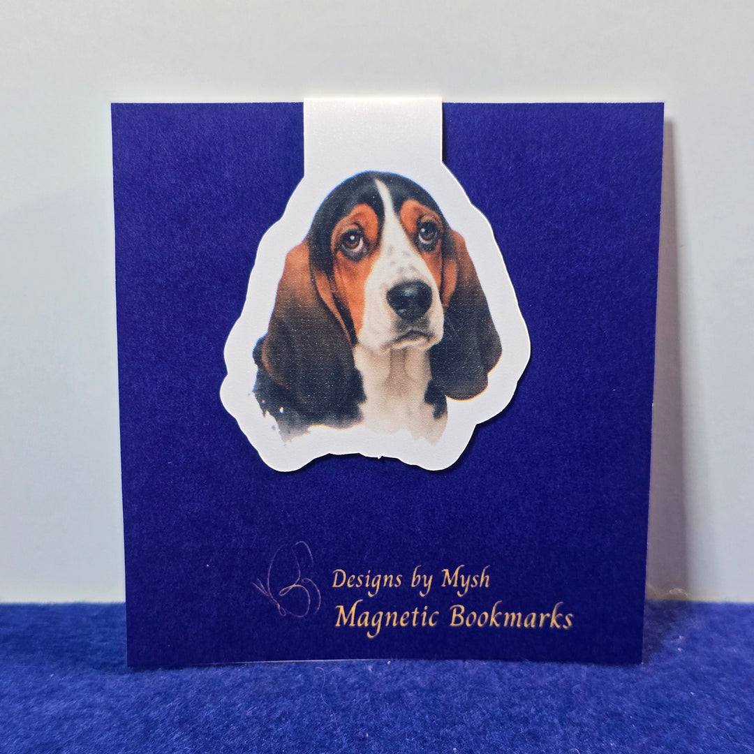 Blue card with a dog magnet on a white background