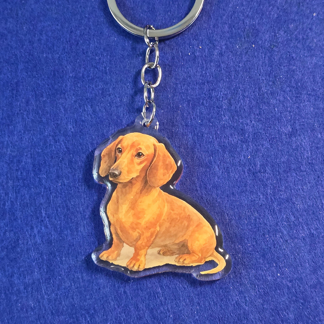 Red Dachshund keychain laying on a blue background.