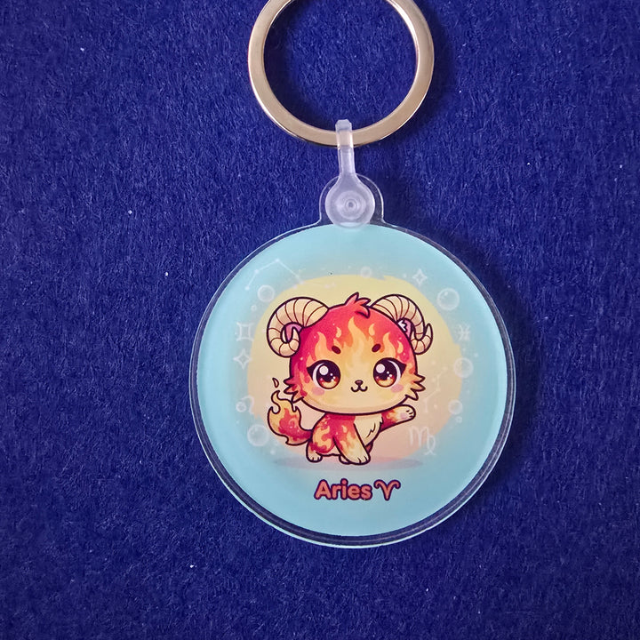 Keychain with a cartoon character design on a blue background