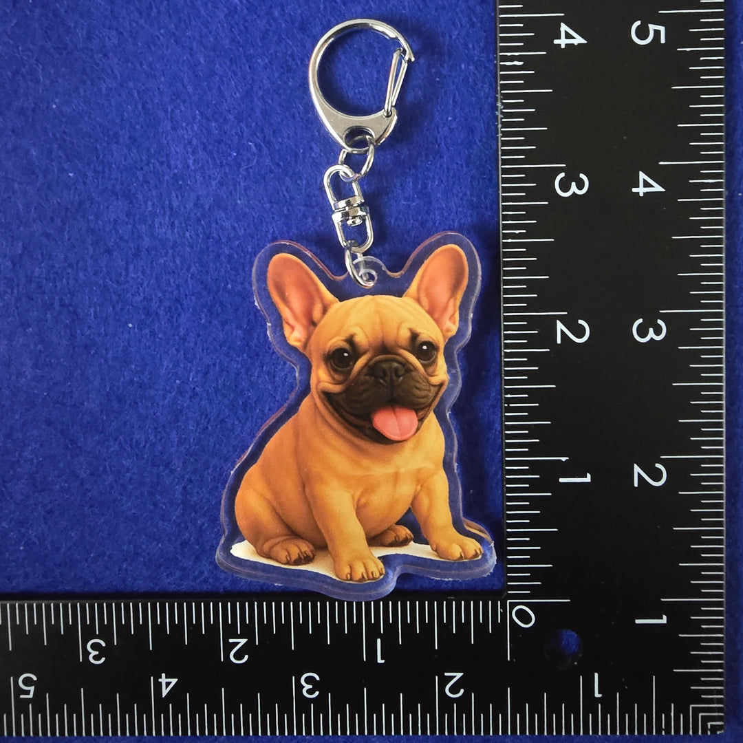 French Bull Dog Fawn Watercolor Style - Acrylic Keychain against a ruler