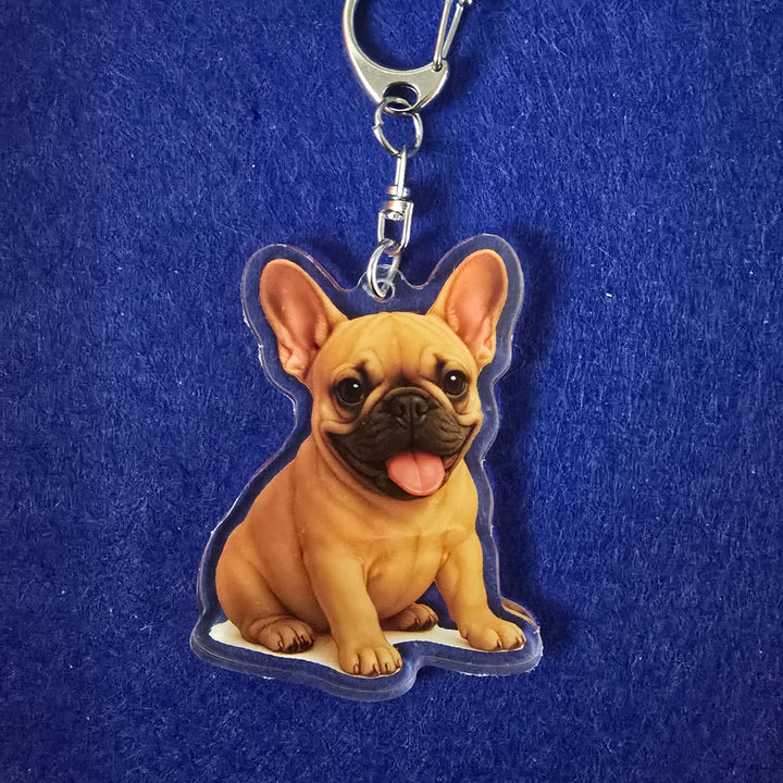 French Bull Dog Fawn Watercolor Style - Acrylic Keychain on a blue background