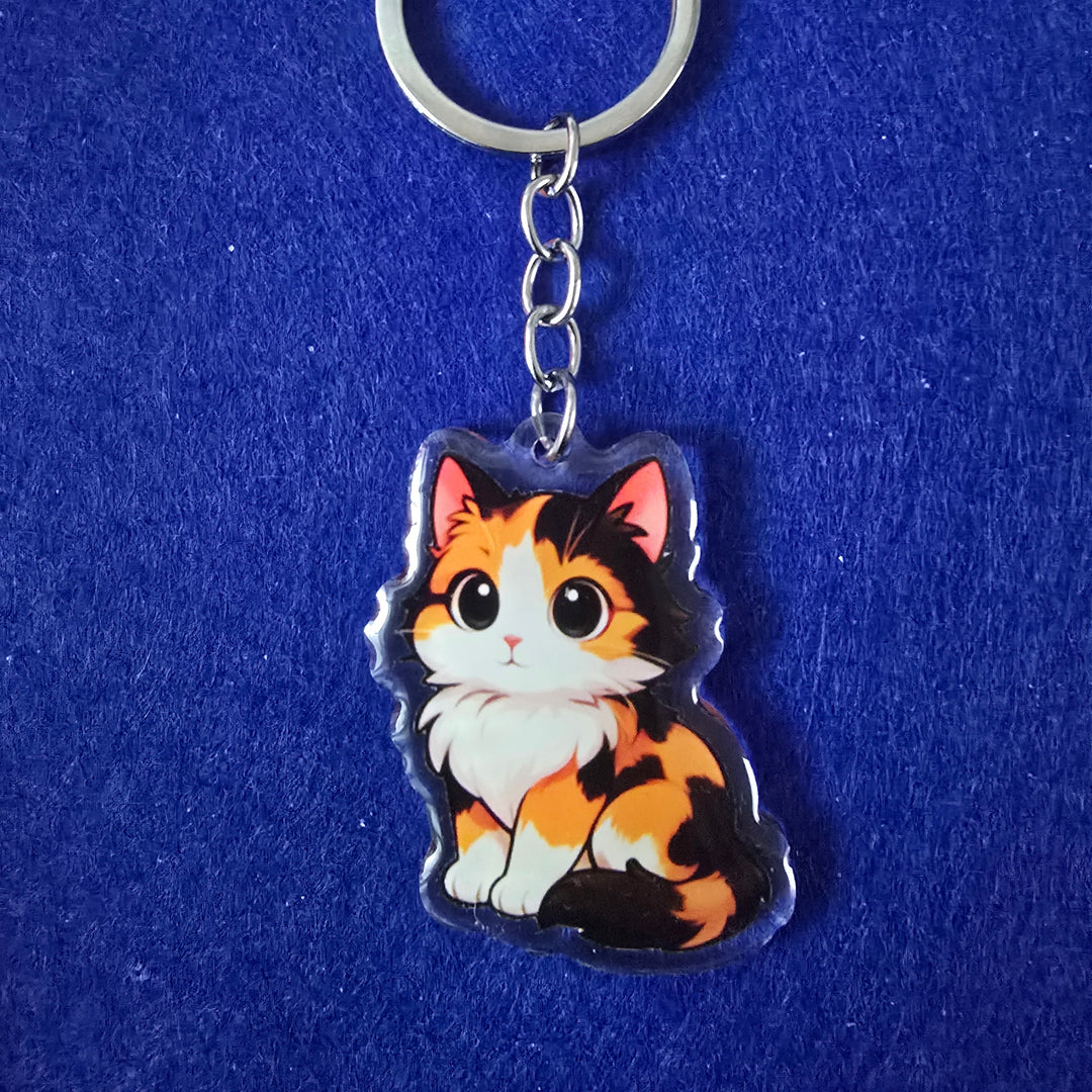 Cat-shaped keychain on a blue background