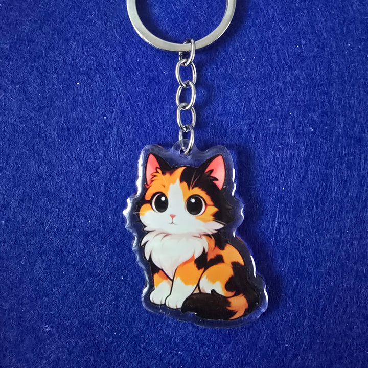 Cat-shaped keychain on a blue background