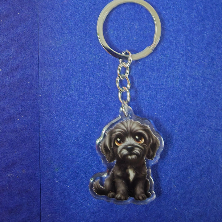 Keychain with a dog-shaped charm on a blue background