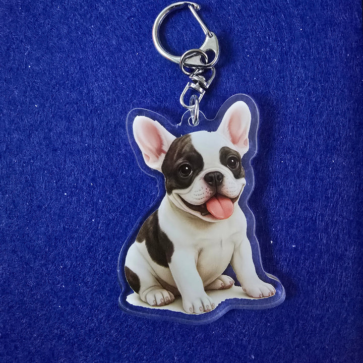 Keychain with a design of a dog on a blue background