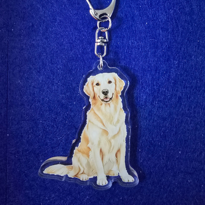 Dog-shaped keychain on a blue background