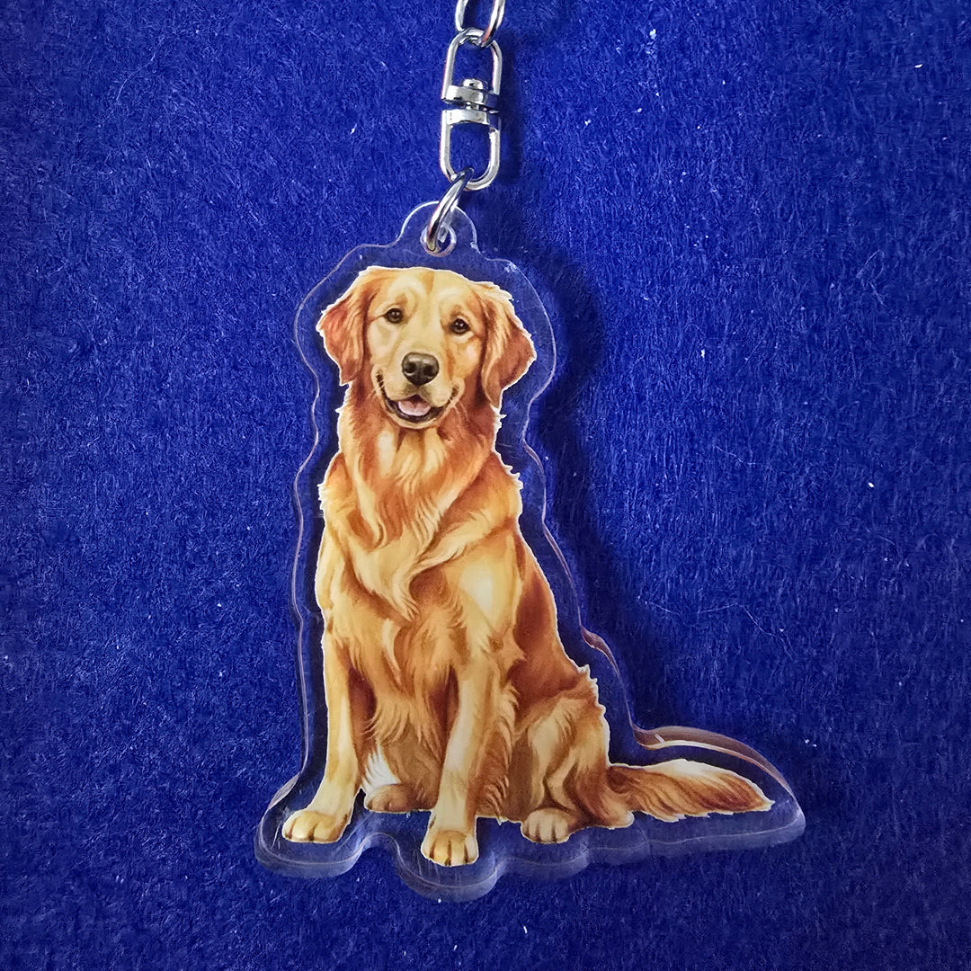 Dog-shaped keychain on a blue background