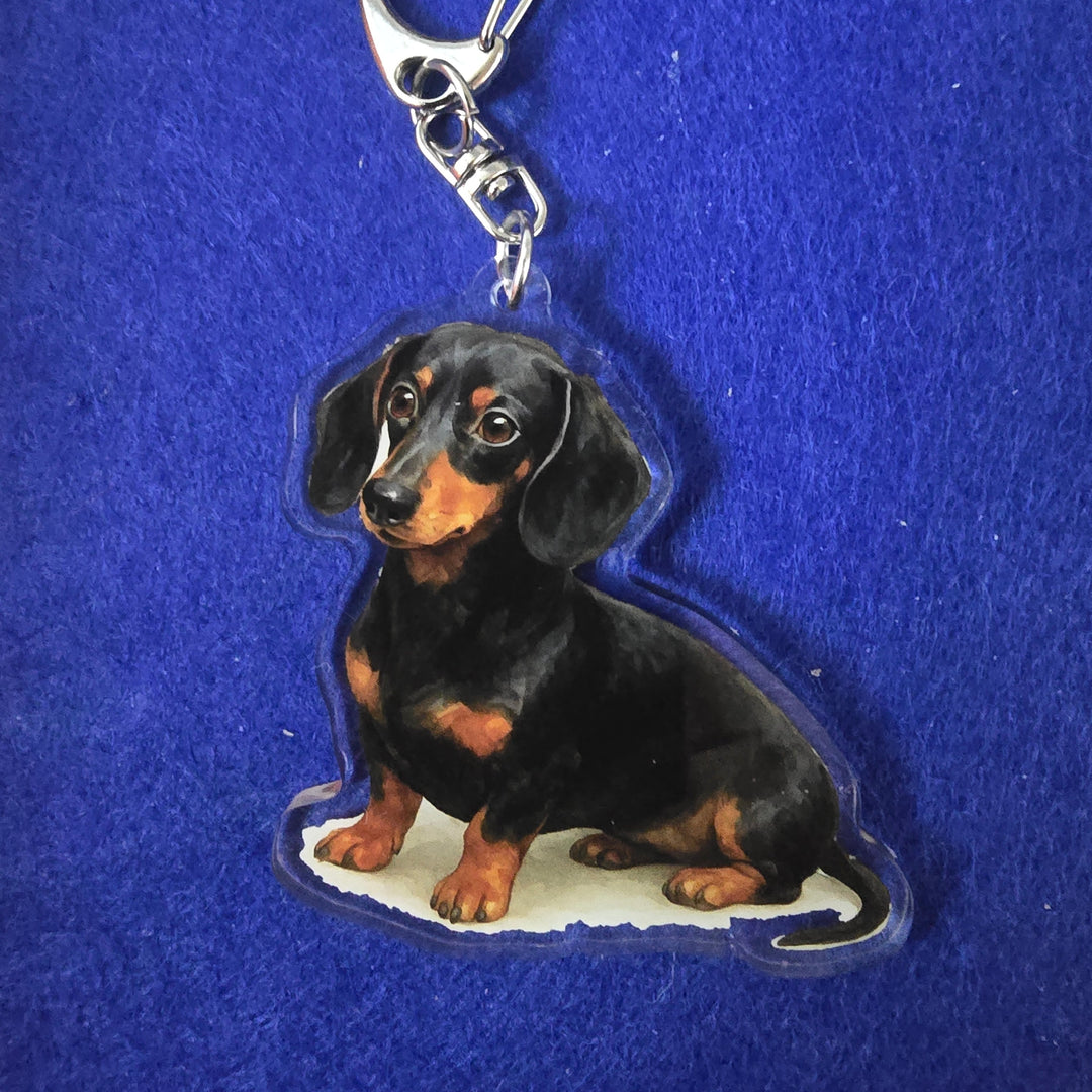 Dog-shaped keychain on a blue background