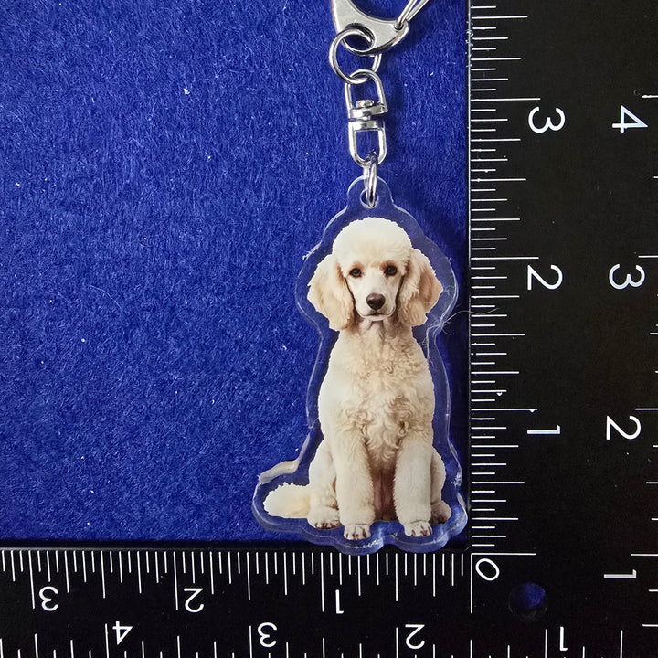 Dog-shaped keychain on a blue background with a ruler for scale.