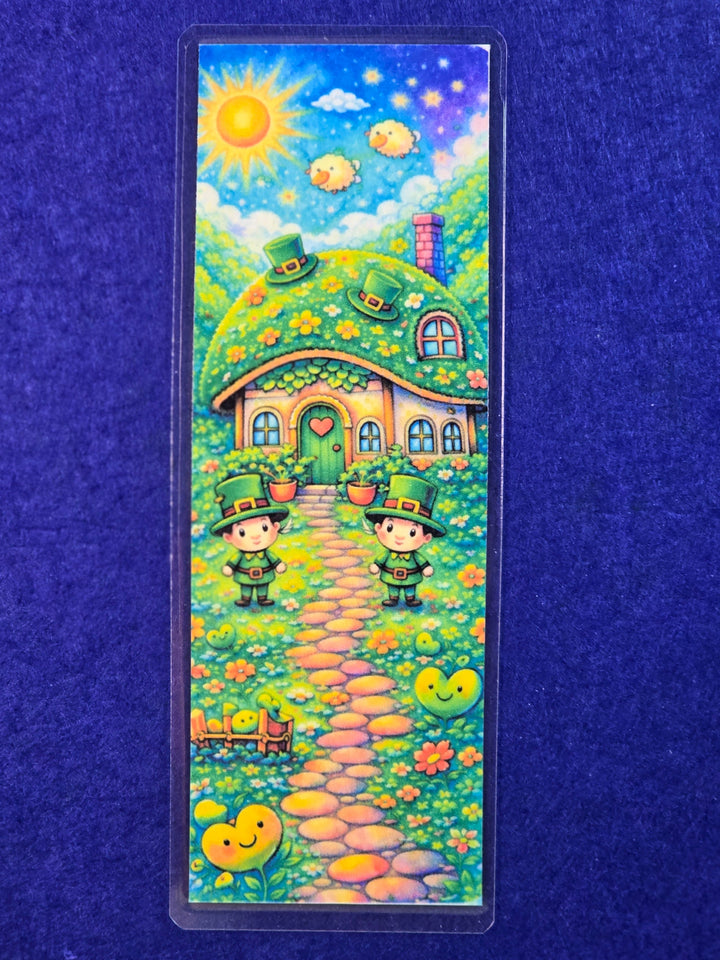 Colorful bookmark with a cartoon house design on a blue background
