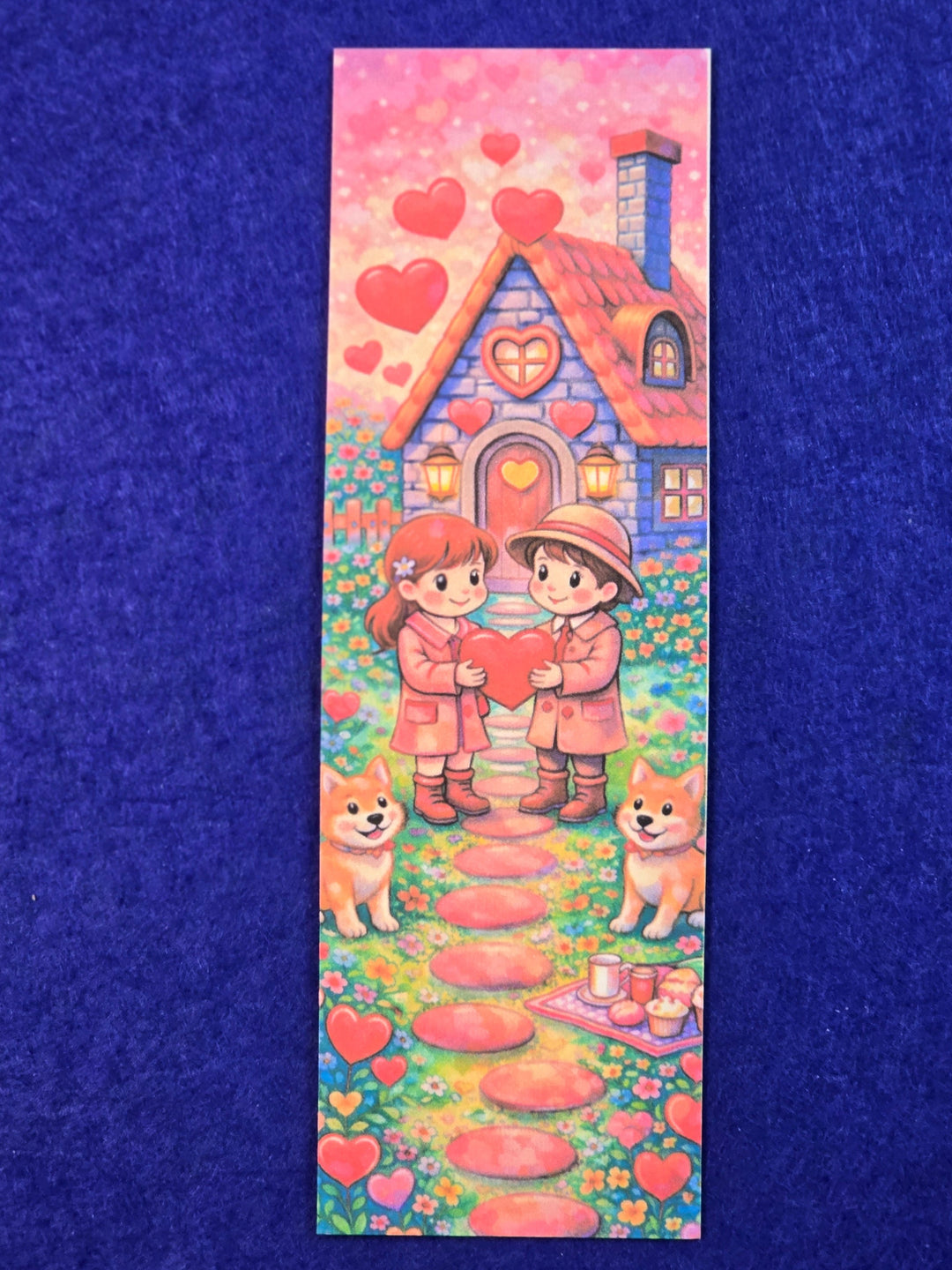 Colorful bookmark with cartoon characters on a blue textured background