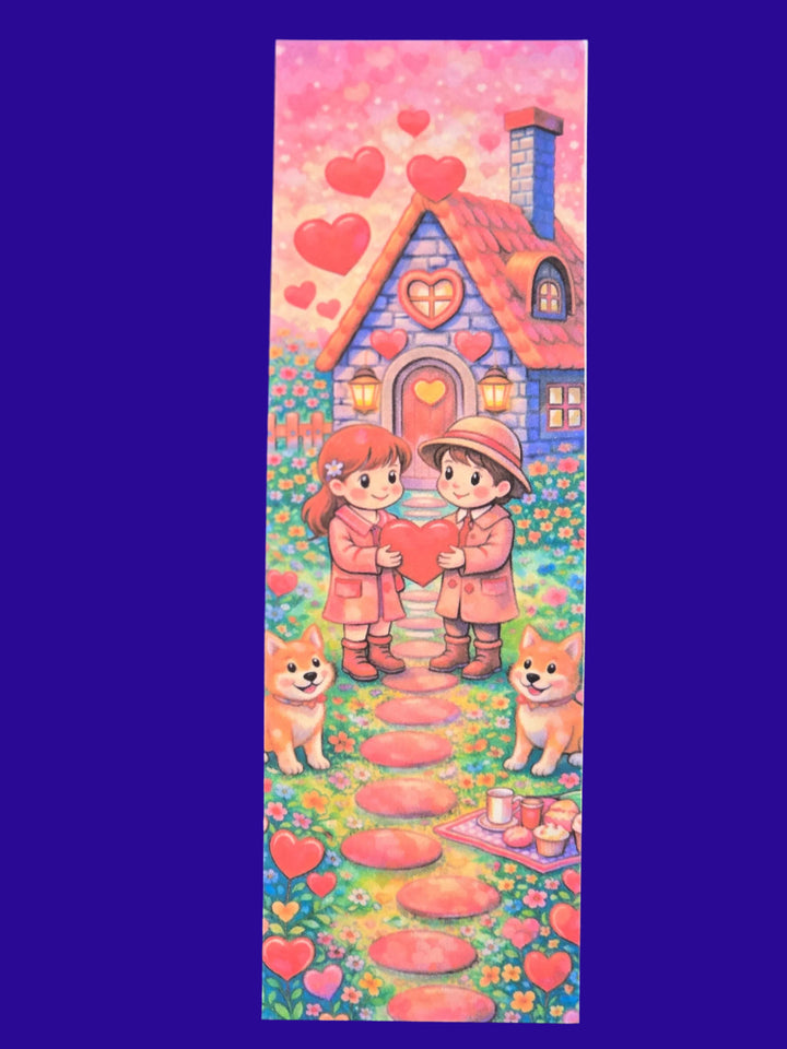 “Valentine 2x6 bookmark with heart cottage and couple holding a heart on a flower path, matte cardstock”