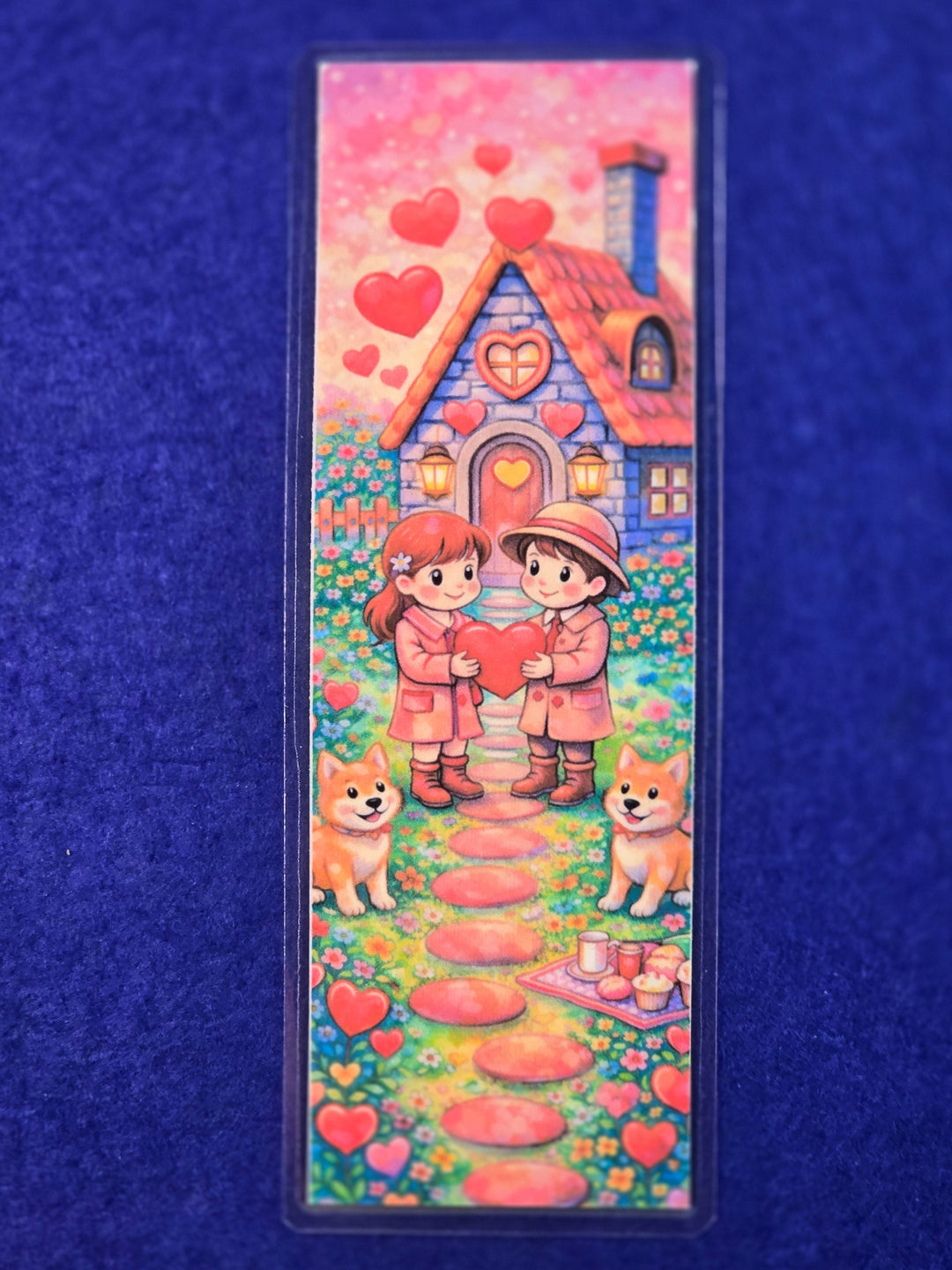 Colorful bookmark with cartoon characters on a blue background
